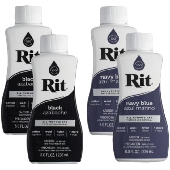 Rit All Purpose Liquid Fabric Dye Bundle (4 Pack), 2 - Black 8oz Dye + 2 - Navy Blue 8oz Dye
