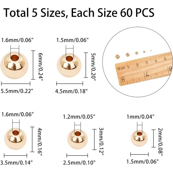 PH PandaHall 14K Gold Plated Spacer Beads, 300pcs Round Brass Beads 5 Size Metal Smooth Beads Seamless Ball Beads Long-lasting Little Beads for Summer Bracelet Necklace Jewelry DIY Crafts(2/3/4/5/6mm)
