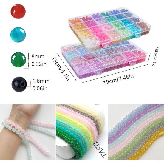 【2 Pack】 More Than 1300PCS Round Glass Beads for Jewelry Making,48 Colors 8mm Crystal Beads for Bracelets Jewelry Making and DIY Crafts, 2 Box Round Beads Suitable for Beginners. (Solid+Printing)