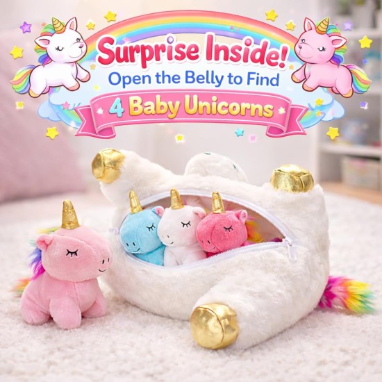 KMUYSL Toys for Girls Ages 0 1 2 3 4 5 6 7 8+ Years - Unicorn Mommy Stuffed Animal with 4 Baby Unicorns in Her Tummy, Soft Unicorn Plush Toys Set, Christmas Birthday Gifts for Baby, Toddler, Kids