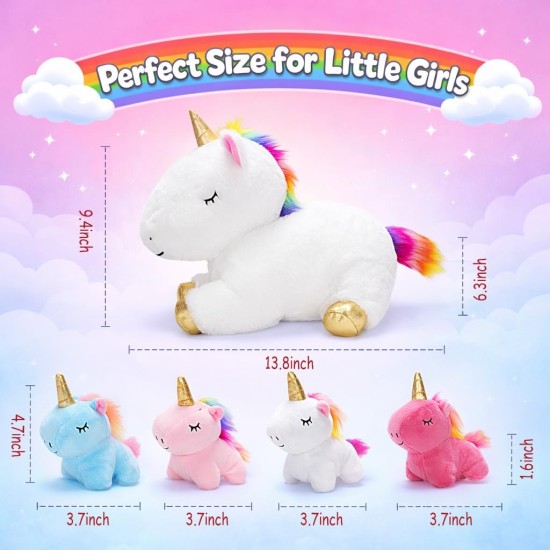 KMUYSL Toys for Girls Ages 0 1 2 3 4 5 6 7 8+ Years - Unicorn Mommy Stuffed Animal with 4 Baby Unicorns in Her Tummy, Soft Unicorn Plush Toys Set, Christmas Birthday Gifts for Baby, Toddler, Kids