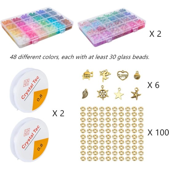 【2 Pack】 More Than 1300PCS Round Glass Beads for Jewelry Making,48 Colors 8mm Crystal Beads for Bracelets Jewelry Making and DIY Crafts, 2 Box Round Beads Suitable for Beginners. (Solid+Printing)