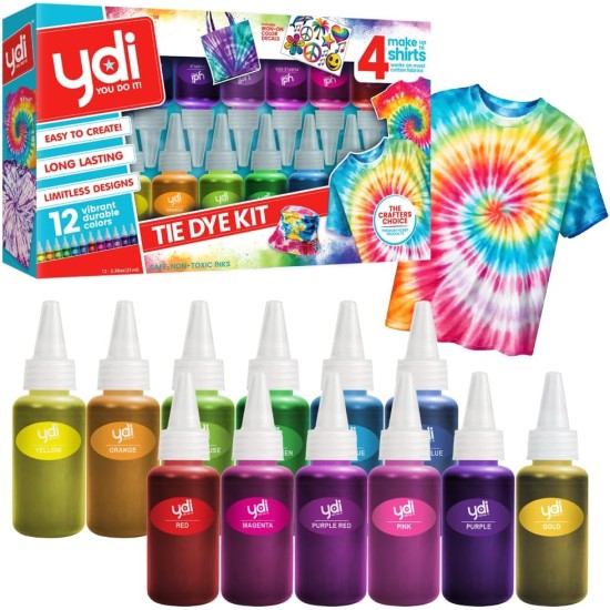 YDI Tie Dye Kit,12 Pre-Filled Bottles, Non-Toxic Permanent Fabric Dye, DIY Art & Crafts Activity, Tie Dye Party for Kids & Groups, Easy Clean Up