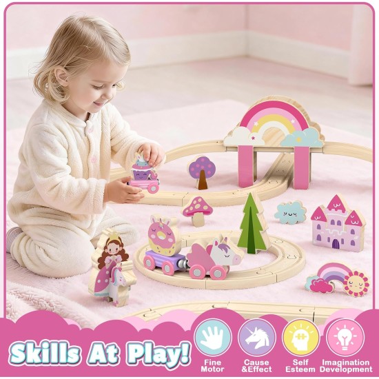 Lehoo Castle Wooden Train Set - Unicorn Train Set for Toddlers 2-4, Wooden Train Track Toddler Girl Toys, Pink Train Fantasy Toys for 3 4 5 6 7 Year Old Girl