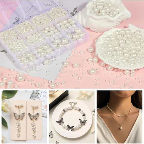 1228pcs Pearl Beads for Jewelry Making Pearl Beads for Bracelets Pearl Beads for Crafts Pearl Beads for Bracelet Making Kit Pearl Beads with Holes for Jewelry Making, Imitation Pearls for Fillers
