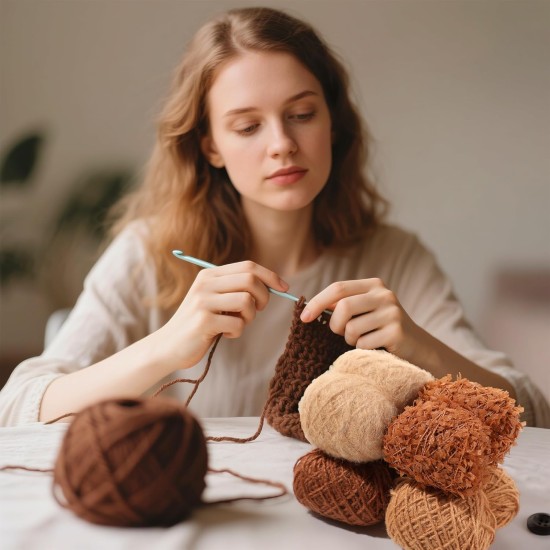 Hand Spun Art Yarn Kit - 6 Skeins 525 -Yard Vintage Style Blended Fibers with Wood Buttons & Crochet Hook for Knitting, Crochet, Textile Decorative, Tassels, Jewelry Making, Fiber Crafts (Coffee)