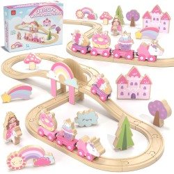 Lehoo Castle Wooden Train Set - Unicorn Train Set for Toddlers 2-4, Wooden Train Track Toddler Girl Toys, Pink Train Fantasy Toys for 3 4 5 6 7 Year Old Girl