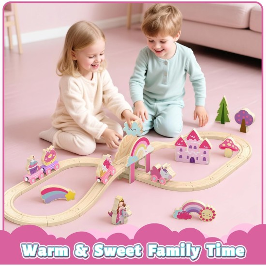 Lehoo Castle Wooden Train Set - Unicorn Train Set for Toddlers 2-4, Wooden Train Track Toddler Girl Toys, Pink Train Fantasy Toys for 3 4 5 6 7 Year Old Girl
