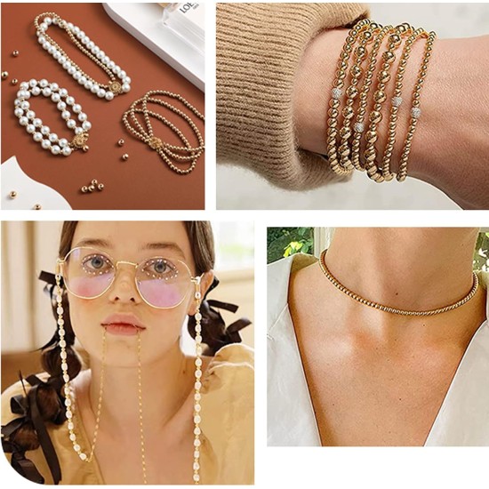 PH PandaHall 14K Gold Plated Spacer Beads, 300pcs Round Brass Beads 5 Size Metal Smooth Beads Seamless Ball Beads Long-lasting Little Beads for Summer Bracelet Necklace Jewelry DIY Crafts(2/3/4/5/6mm)