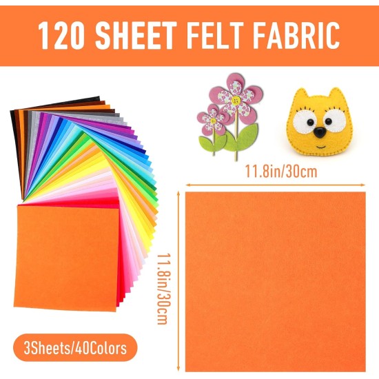 120 Pcs 12 x 12 Inch Felt Sheets for Craft Felt Squares Assorted Color for DIY Sewing Adult Patchwork Party Decor, 40 Colors
