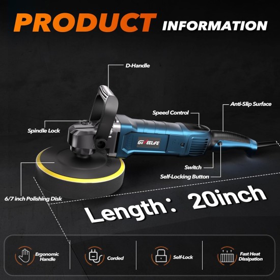 GEVEELIFE Buffer Polisher, 6 Inch/7 Inch 1600W Rotary Car Buffer Polisher Waxer, 7 Variable Speed 1000-3500 RPM, Detachable Handle for Car, Boat Sanding, Polishing, Waxing GEVEELIFE Buffer Polisher, 6 Inch/7 Inch 1600W Rotary Car Buffer Polisher Waxer, 7 Variable Speed 1000-3500 RPM, Detachable Handle for Car, Boat Sanding, Polishing, Waxing