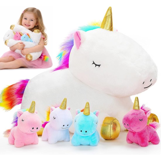 KMUYSL Toys for Girls Ages 0 1 2 3 4 5 6 7 8+ Years - Unicorn Mommy Stuffed Animal with 4 Baby Unicorns in Her Tummy, Soft Unicorn Plush Toys Set, Christmas Birthday Gifts for Baby, Toddler, Kids