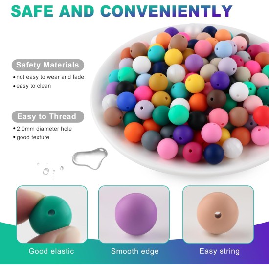 150Pcs 15mm Silicone Beads for Keychain Making and Bracelet Making,30 Colors Round Silicone Beads for Pens（Multicolor）