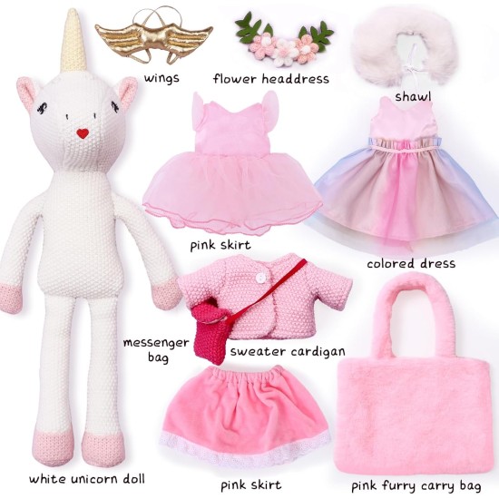 Unicorn Doll Stuffed Animal Toys for Girls - Ballerina Doll | Plush Carrier Bag | 3 Set Cloth Accessories, Kids Pretend Play Crochet Gifts, Birthday Gift for 3 4 5 6 Year Old Little Girl Unicorn Toys