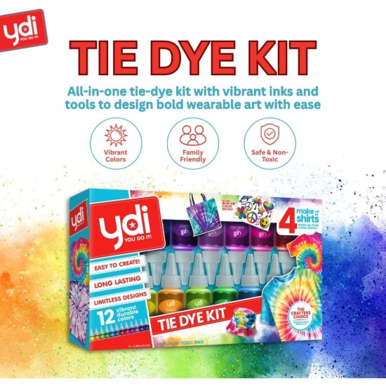 YDI Tie Dye Kit,12 Pre-Filled Bottles, Non-Toxic Permanent Fabric Dye, DIY Art & Crafts Activity, Tie Dye Party for Kids & Groups, Easy Clean Up