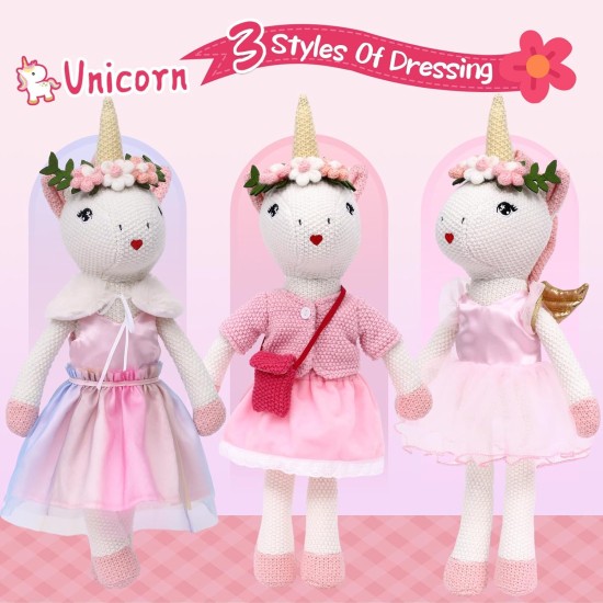 Unicorn Doll Stuffed Animal Toys for Girls - Ballerina Doll | Plush Carrier Bag | 3 Set Cloth Accessories, Kids Pretend Play Crochet Gifts, Birthday Gift for 3 4 5 6 Year Old Little Girl Unicorn Toys