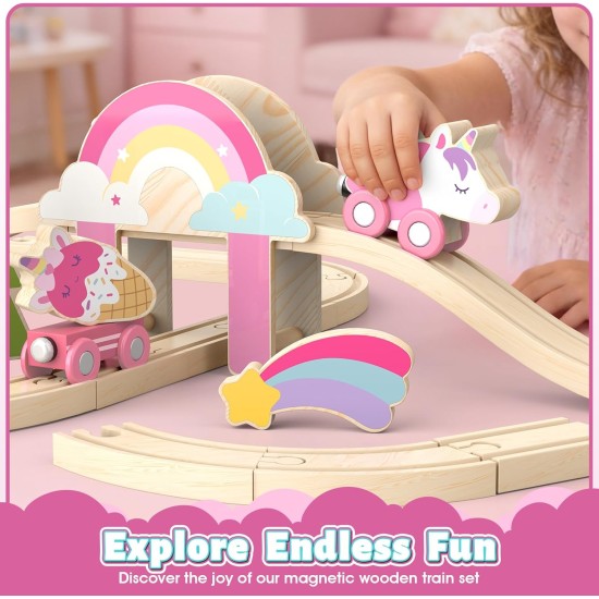 Lehoo Castle Wooden Train Set - Unicorn Train Set for Toddlers 2-4, Wooden Train Track Toddler Girl Toys, Pink Train Fantasy Toys for 3 4 5 6 7 Year Old Girl