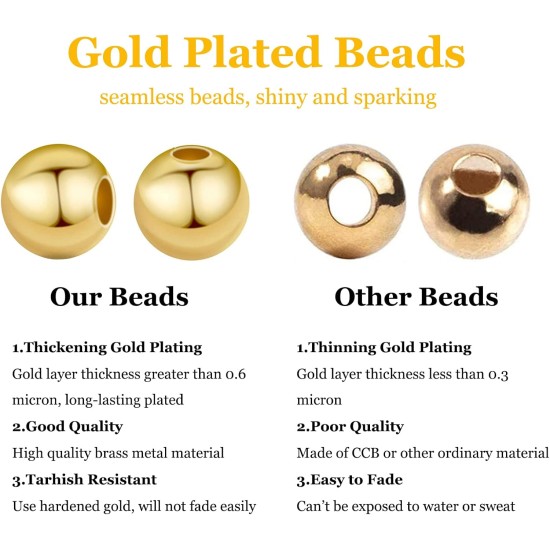 PH PandaHall 14K Gold Plated Spacer Beads, 300pcs Round Brass Beads 5 Size Metal Smooth Beads Seamless Ball Beads Long-lasting Little Beads for Summer Bracelet Necklace Jewelry DIY Crafts(2/3/4/5/6mm)