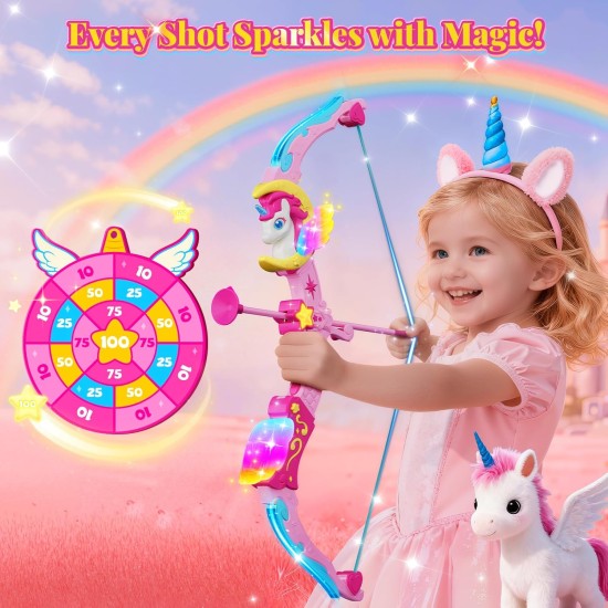 Unicorn Toys for Girls Ages 3-12, 6 Magic Lights BowArrow(Unicorn Horn, Wings, Star, Upper & Lower Arms), Dreamy Quiver & Princess Target, 8 Pink Suction Arrow, Gift for 3 4 5 6 7 8 9 10 Year Old Girl