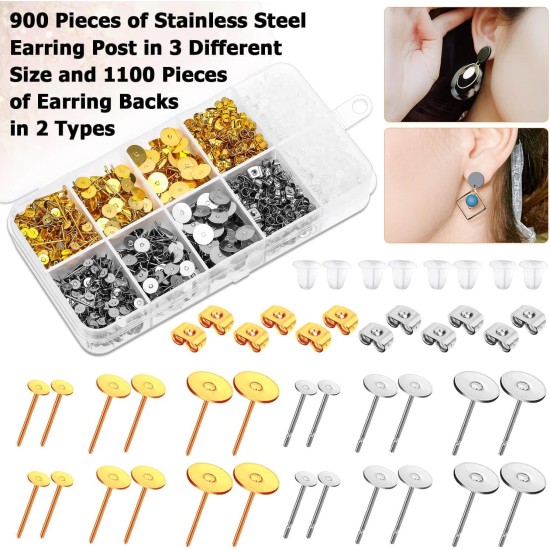 Hypoallergenic Earring Posts and Backs, Caffox 2000pcs Stud Earrings Making Kit with Ear Ring Base and Earring Backs for Leather Stud, Clay, Pearl Jewelry Making (Gold & Silver) Hypoallergenic Earring Posts and Backs, Caffox 2000pcs Stud Earrings Making Kit with Ear Ring Base and Earring Backs for Leather Stud, Clay, Pearl Jewelry Making (Gold & Silver)