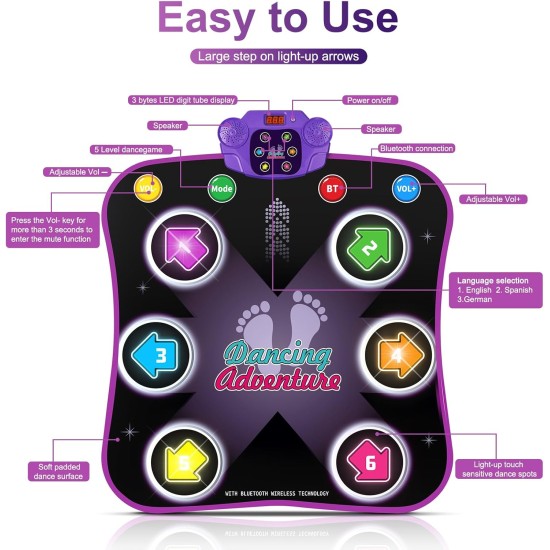 Flooyes Dance Mat Toys for 3-12 Year Old Kids, Electronic Dance Pad with Light-up 6-Button Wireless Bluetooth, Music Dance with 5 Game Modes, Birthday Toys Gifts for 3 4 5 6 7 8 9 10+ Year Old Girls Flooyes Dance Mat Toys for 3-12 Year Old Kids, Electronic Dance Pad with Light-up 6-Button Wireless Bluetooth, Music Dance with 5 Game Modes, Birthday Toys Gifts for 3 4 5 6 7 8 9 10+ Year Old Girls