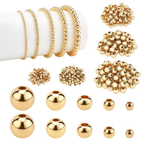 PH PandaHall 14K Gold Plated Spacer Beads, 300pcs Round Brass Beads 5 Size Metal Smooth Beads Seamless Ball Beads Long-lasting Little Beads for Summer Bracelet Necklace Jewelry DIY Crafts(2/3/4/5/6mm)