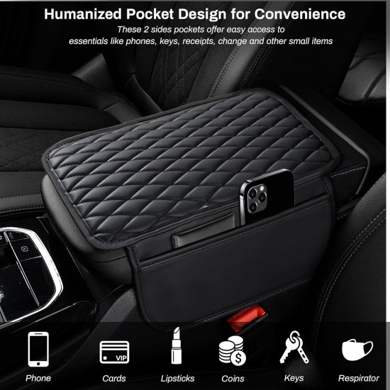Ouzorp Car Center Console Cover, Upgraded Microfiber Leather Car Arm Rest Cover with 2 Storage Bags, Universal Armrest Cover for Car Storage Box Car Interior Accessories Protector for Most Vehicle