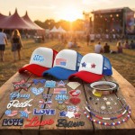 HEYTRCO 35PCS Patriotic DIY Trucker Hat Kit, 3 Mesh Foam Hats with Iron-On Embroiederd & Sequin Patches, Hat Pins, Hat Chains & Heat-Resistant Tape – 4th of July Party Craft Set HEYTRCO 35PCS Patriotic DIY Trucker Hat Kit, 3 Mesh Foam Hats with Iron-On Embroiederd & Sequin Patches, Hat Pins, Hat Chains & Heat-Resistant Tape – 4th of July Party Craft Set