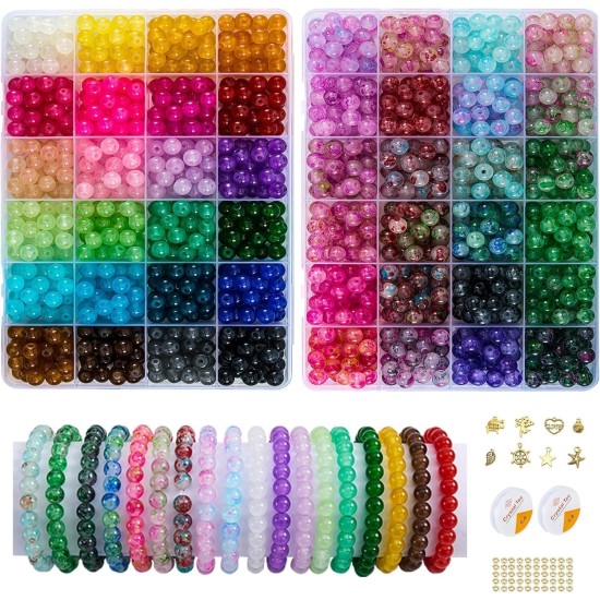 【2 Pack】 More Than 1300PCS Round Glass Beads for Jewelry Making,48 Colors 8mm Crystal Beads for Bracelets Jewelry Making and DIY Crafts, 2 Box Round Beads Suitable for Beginners. (Solid+Printing)