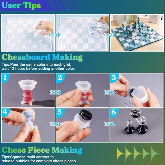 LET'S RESIN Chess Molds for Resin Casting, Upgraded Resin Chess Set Mold with 16 Piece 3D Full Size Chess Checkers & Chess Board Epoxy Silicone Resin Molds, DIY Chess Board Game, Christmas Gifts