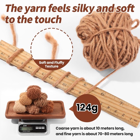 Hand Spun Art Yarn Kit - 6 Skeins 525 -Yard Vintage Style Blended Fibers with Wood Buttons & Crochet Hook for Knitting, Crochet, Textile Decorative, Tassels, Jewelry Making, Fiber Crafts (Coffee)
