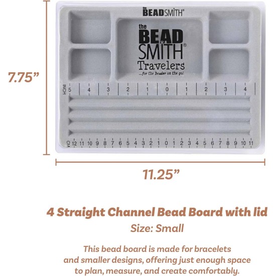The Beadsmith Mini Bead Board - Grey Flocked, 4 Straight Channels, 5 Recessed Compartments, 7.75 x 11.25 inches, Design Boards for Creating Bracelets, Necklaces and Other Jewelry
