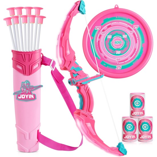 JOYIN Pink Bow and Arrow Set for Girls, LED Light Up Archery Toy Set with 9 Suction Cup Arrows, Target & Arrow Case, Christmas Indoor Outdoor Activity Toy for Kids Girls Ages 3-12