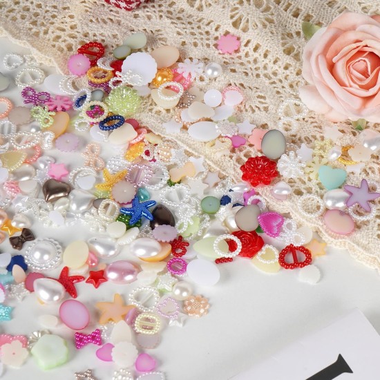 Chenkou Craft Random 100g/lot (Around 400pcs) 4-20mm Half Round Imitation Pearls Seastar Bow Rose Rhinestone Flat Back Pearl Bead Loose Beads (Mix 100g)