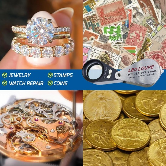 Gain Express Jewelers Loupe Magnifier, Jewelry Loop Magnifier with Light, Hastings Triplet Loupe 10X for Coin, Gem, Stamp, Diamond etc (White LED & UV Light) Gain Express Jewelers Loupe Magnifier, Jewelry Loop Magnifier with Light, Hastings Triplet Loupe 10X for Coin, Gem, Stamp, Diamond etc (White LED & UV Light)