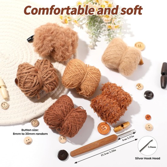 Hand Spun Art Yarn Kit - 6 Skeins 525 -Yard Vintage Style Blended Fibers with Wood Buttons & Crochet Hook for Knitting, Crochet, Textile Decorative, Tassels, Jewelry Making, Fiber Crafts (Coffee)