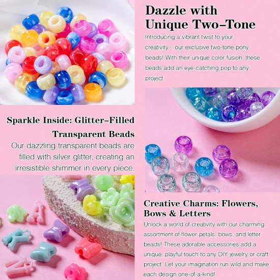 SJZWSD 5 Boxes Bracelet Making Kit Pony Beads, 6x9mm Kandi Rave & Hair Beads Set with UV Color Changing, Glow-in-Dark, Chrome & Alphabet Letters for Friendship Jewelry DIY Crafts