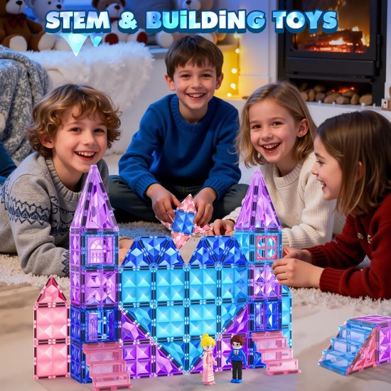 Magnetic Tiles 102pcs with 2 Stairs 2 Dolls Princess Castle Building Girls Toys Age 4-5 6-8 Magnetic Blocks Birthday Xmas Gifts for Girls Toys for 3 4 5 6 7 8+ Year Old