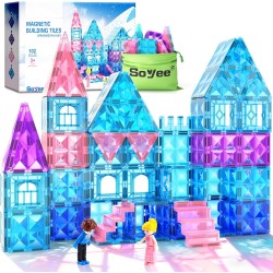 Magnetic Tiles 102pcs with 2 Stairs 2 Dolls Princess Castle Building Girls Toys Age 4-5 6-8 Magnetic Blocks Birthday Xmas Gifts for Girls Toys for 3 4 5 6 7 8+ Year Old