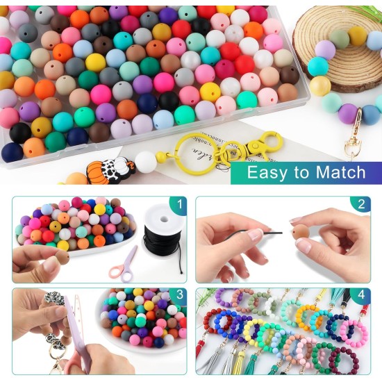 150Pcs 15mm Silicone Beads for Keychain Making and Bracelet Making,30 Colors Round Silicone Beads for Pens（Multicolor）