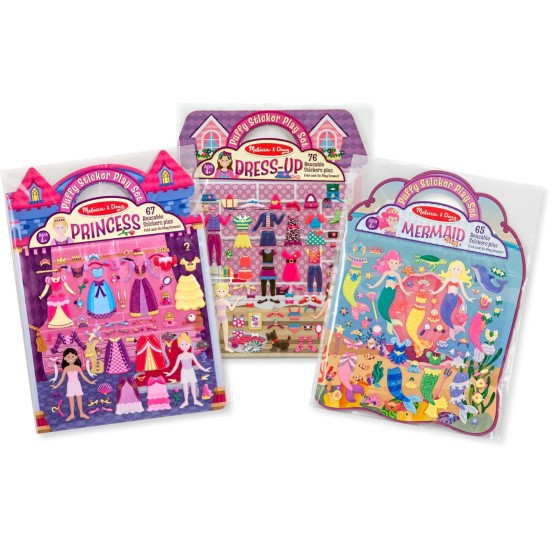Melissa & Doug Puffy Sticker Activity Books Set of 3 – Dress-Up, Princess & Mermaid, with 208 Reusable Stickers and Fold-Out Scenes, Mess-Free Travel Toys for Kids Ages 4+ - FSC Certified