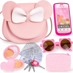 Play Purse for Little Girls, 23PCS Toddler Purse with Pretend Makeup for Kids, Princess Toys Includes Crossbody Bag, Phone, Wallet, Keys, Kids Toy Purse Birthday Gift Toys for Girls 3 4 5 6+