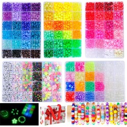 SJZWSD 5 Boxes Bracelet Making Kit Pony Beads, 6x9mm Kandi Rave & Hair Beads Set with UV Color Changing, Glow-in-Dark, Chrome & Alphabet Letters for Friendship Jewelry DIY Crafts