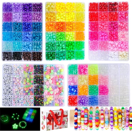 SJZWSD 5 Boxes Bracelet Making Kit Pony Beads, 6x9mm Kandi Rave & Hair Beads Set with UV Color Changing, Glow-in-Dark, Chrome & Alphabet Letters for Friendship Jewelry DIY Crafts