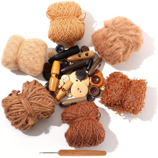 Hand Spun Art Yarn Kit - 6 Skeins 525 -Yard Vintage Style Blended Fibers with Wood Buttons & Crochet Hook for Knitting, Crochet, Textile Decorative, Tassels, Jewelry Making, Fiber Crafts (Coffee)