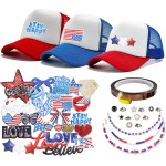 HEYTRCO 35PCS Patriotic DIY Trucker Hat Kit, 3 Mesh Foam Hats with Iron-On Embroiederd & Sequin Patches, Hat Pins, Hat Chains & Heat-Resistant Tape – 4th of July Party Craft Set HEYTRCO 35PCS Patriotic DIY Trucker Hat Kit, 3 Mesh Foam Hats with Iron-On Embroiederd & Sequin Patches, Hat Pins, Hat Chains & Heat-Resistant Tape – 4th of July Party Craft Set
