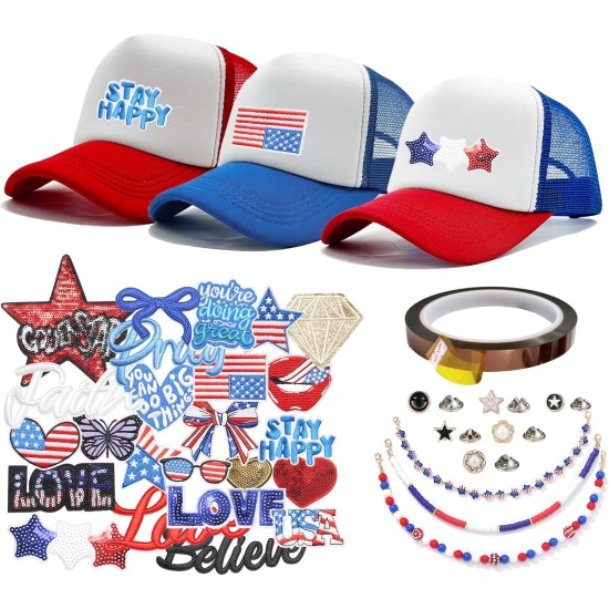 HEYTRCO 35PCS Patriotic DIY Trucker Hat Kit, 3 Mesh Foam Hats with Iron-On Embroiederd & Sequin Patches, Hat Pins, Hat Chains & Heat-Resistant Tape – 4th of July Party Craft Set HEYTRCO 35PCS Patriotic DIY Trucker Hat Kit, 3 Mesh Foam Hats with Iron-On Embroiederd & Sequin Patches, Hat Pins, Hat Chains & Heat-Resistant Tape – 4th of July Party Craft Set